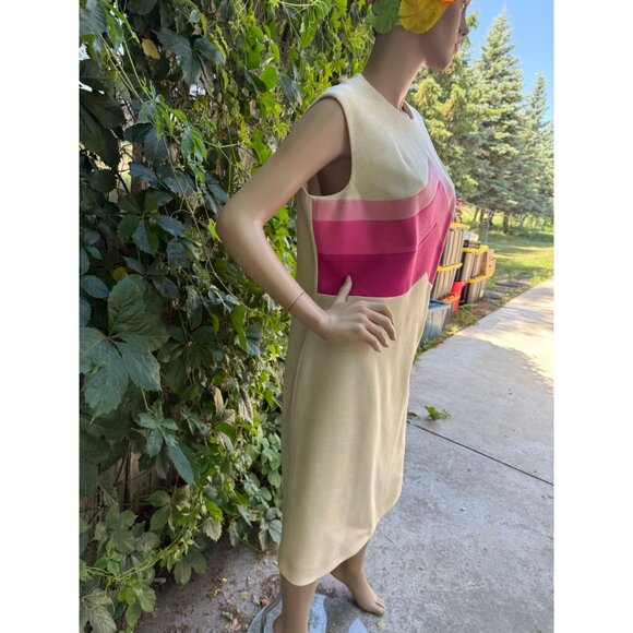1960s Clarissa Modelle Virgin Wool Knit Shift Dress Mod Ivory Pink Chevron Sz 46 - Picture 12 of 15